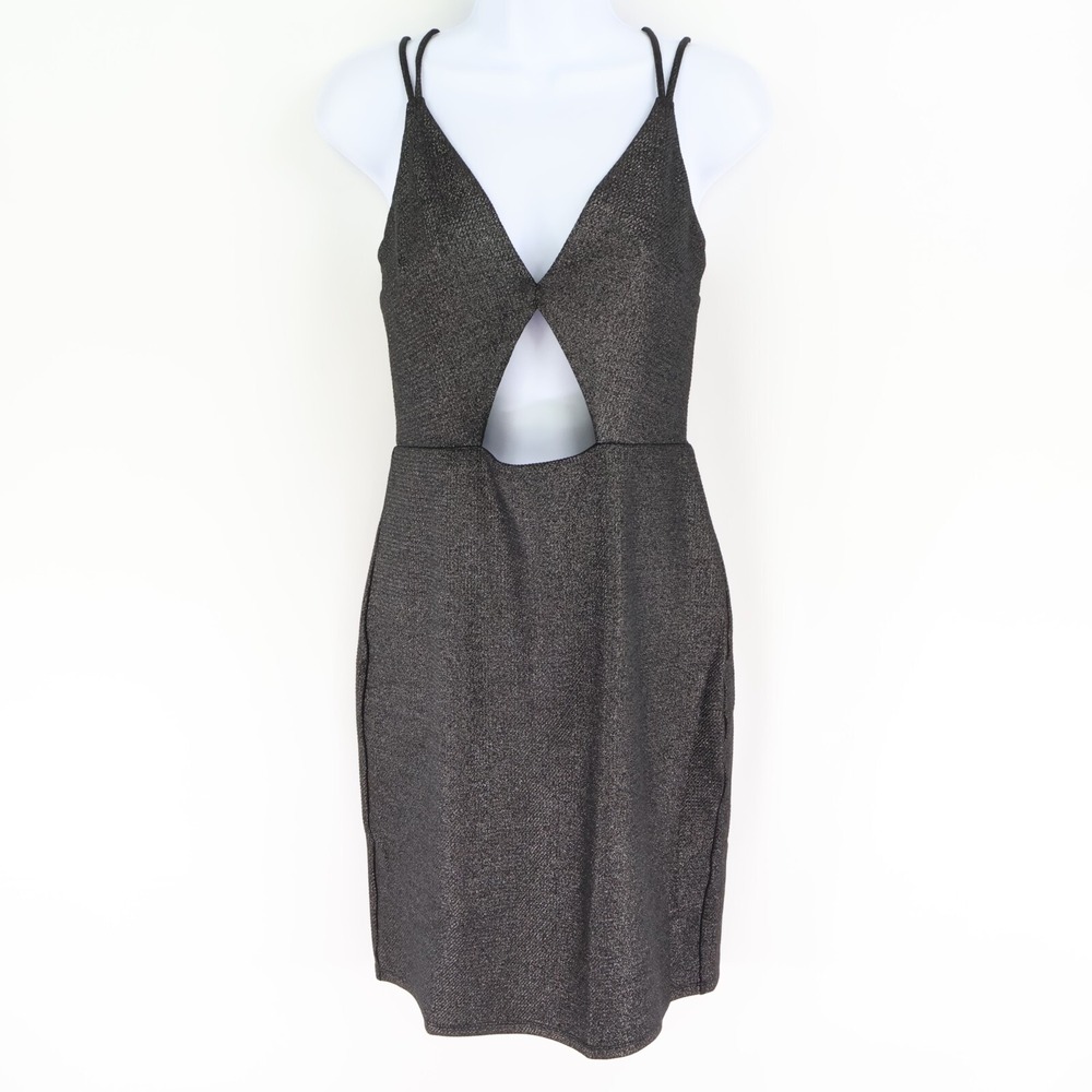 Express Bodycon Dress Womens 8 Silver Sparkle Strappy Back Cut-Out Lined Stretch